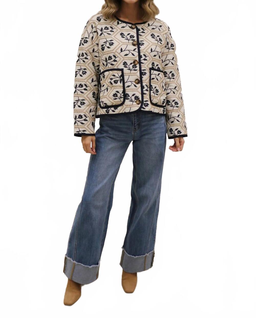 NEW ENTRO portman quilted embroidered floral jacket in cream navy - Picture 8 of 8